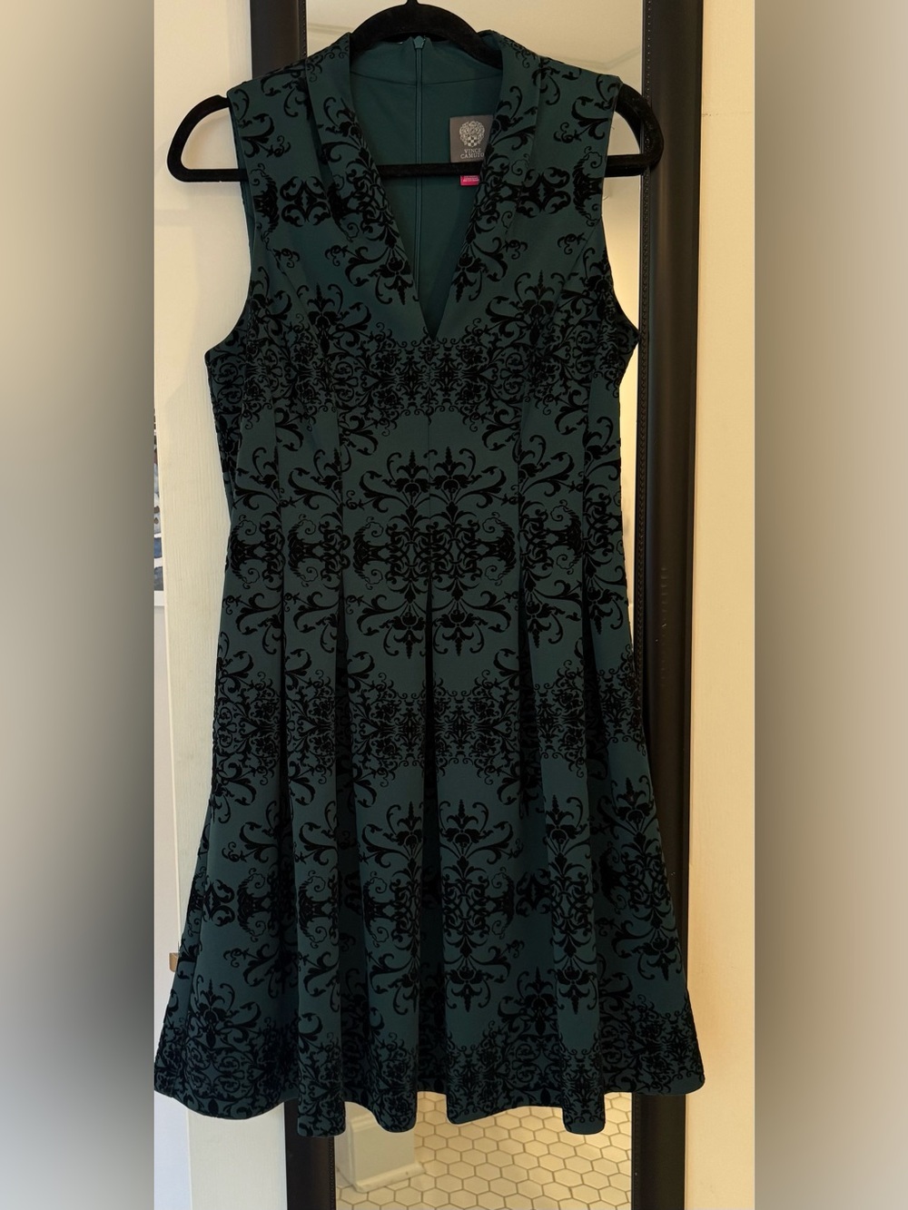 Vince Camuto Teal Dress with Black Damask Pattern
